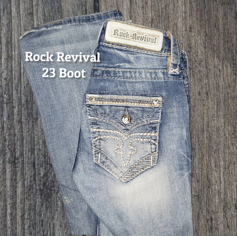 Rock Revival 23 Boot mid-rise 31" inseam lightwash distressed jeans